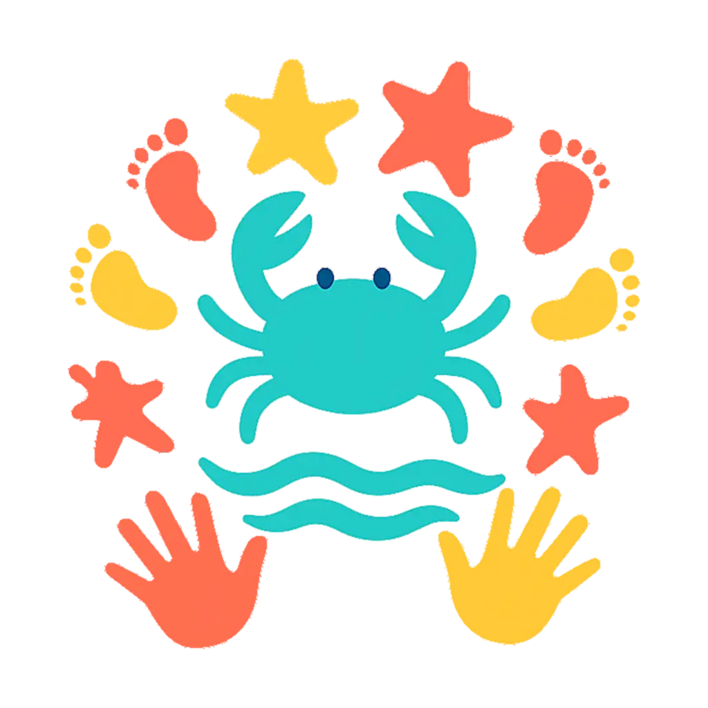 Eine Krabbe über Wasser umgeben von Seesternen Händen und Füßen