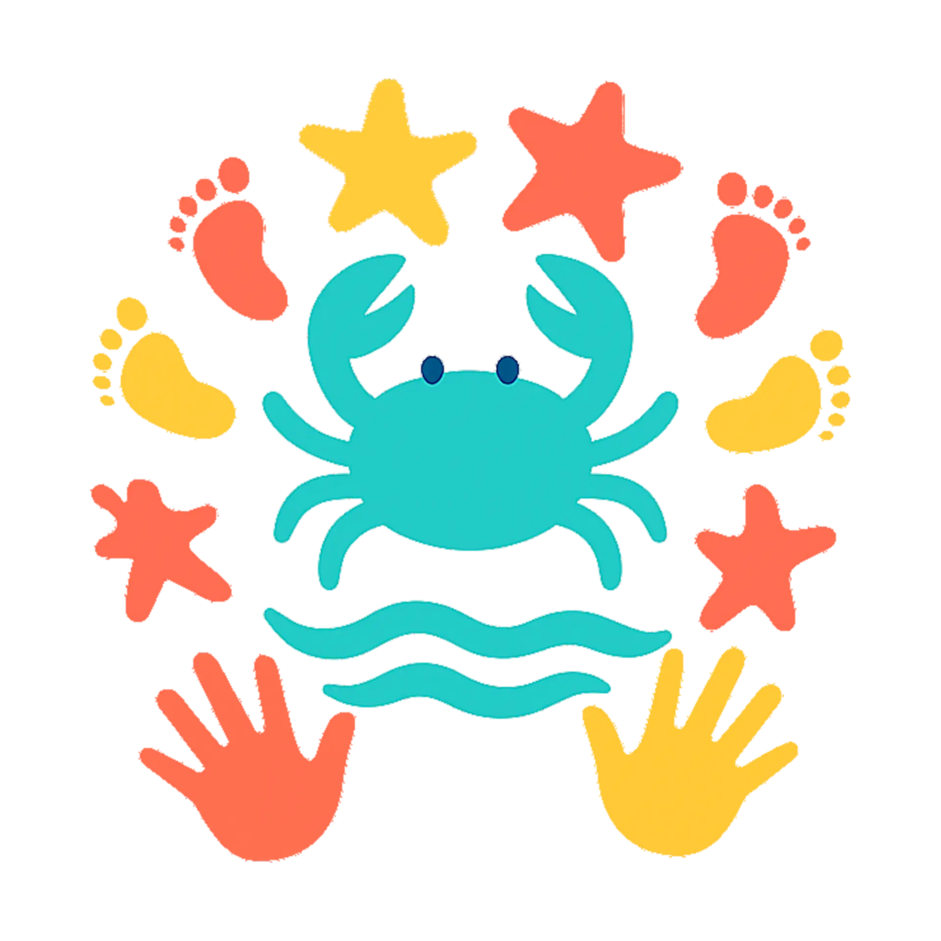 Eine Krabbe über Wasser umgeben von Seesternen Händen und Füßen